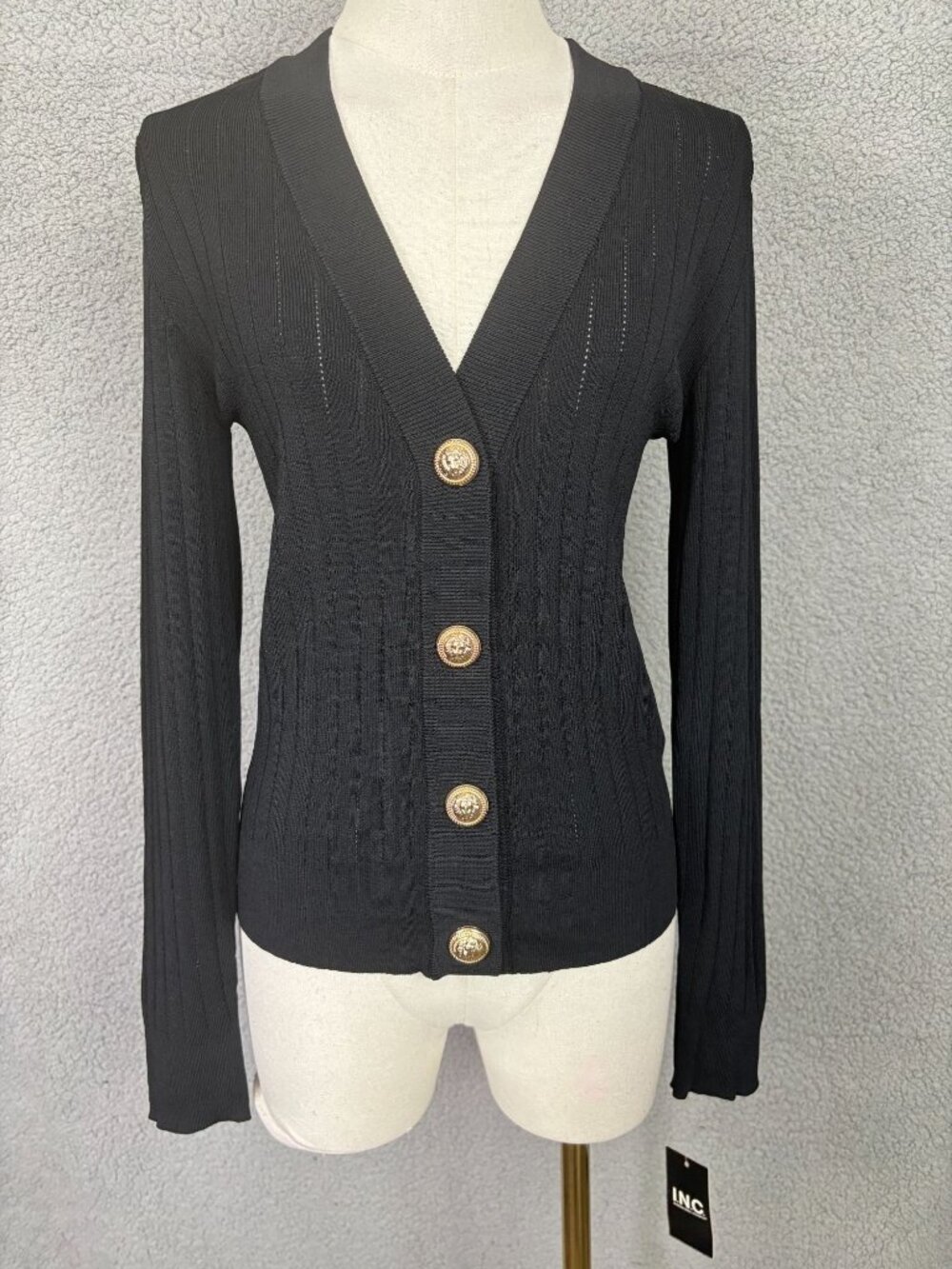 I.n.c.International Concepts Womens Ribbed Gold Snap-Front Cardigan Black XS NWT